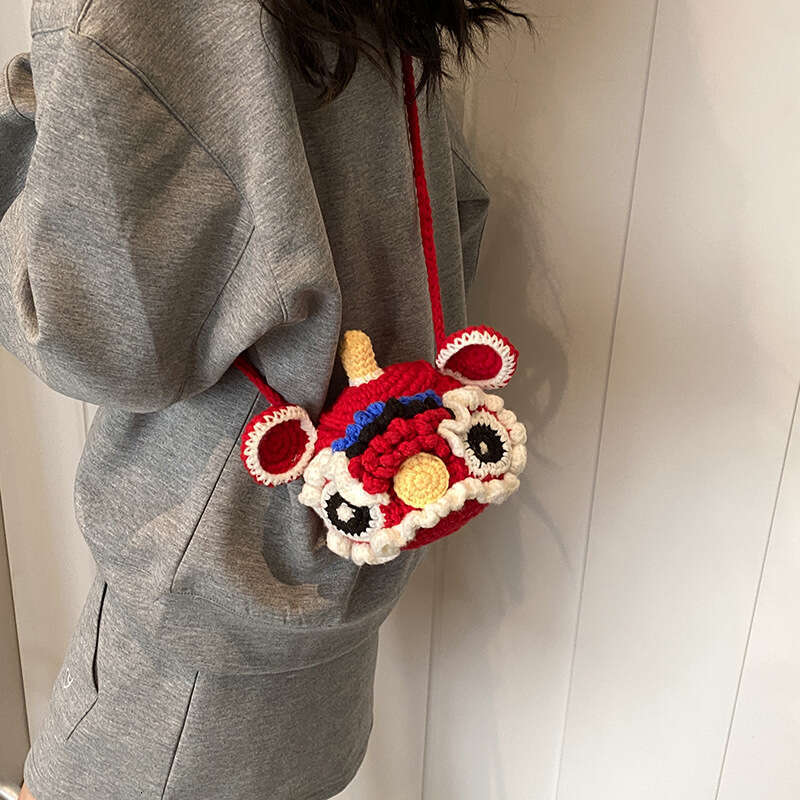 Tote National Style Lion Knitted Yarn Crochet Coin Purse Plush Crossbody Handmade Handheld Cartoon Woven Bag