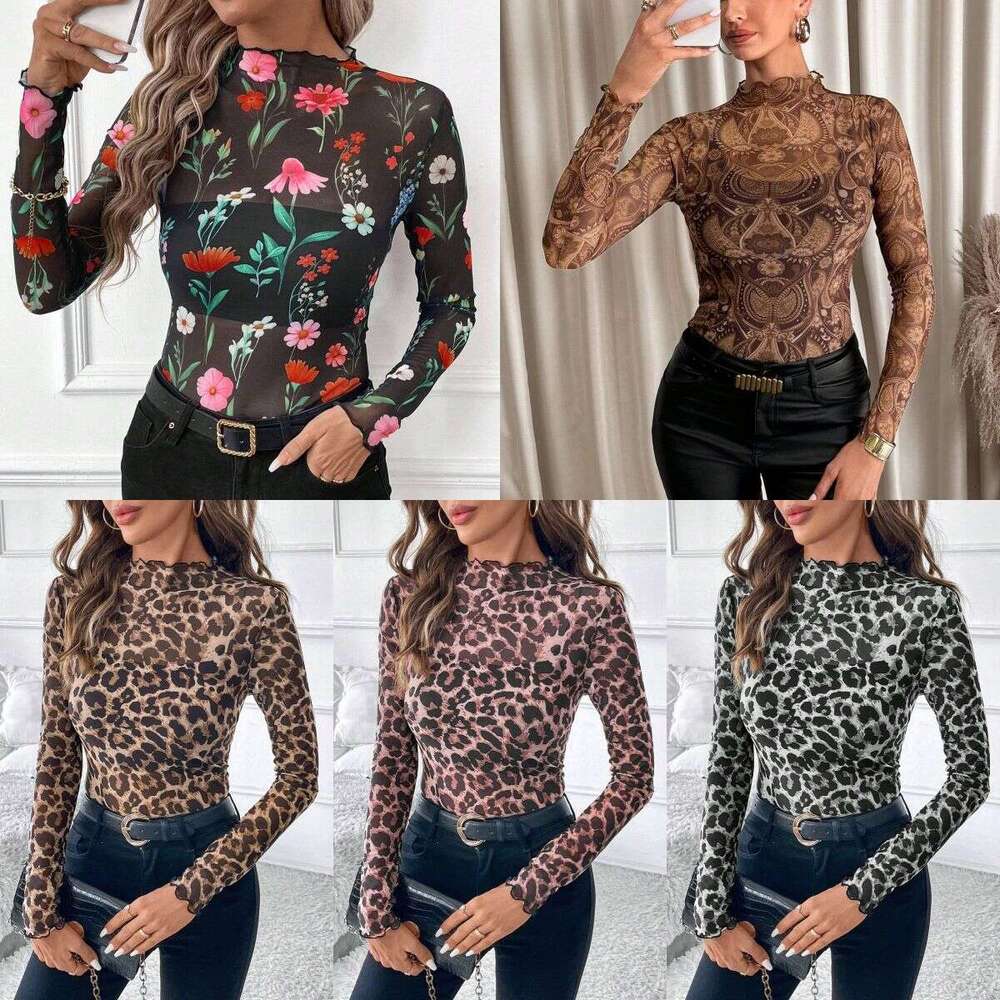2026 Women's Sexy Leopard Print Mesh Ruffle Bodysuit T-Shirt Top For Women Sunscreen clothing base shirt