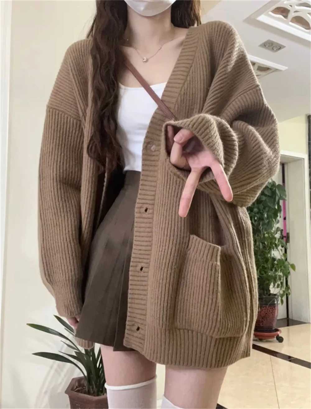 Gray Knitting Cardigans Women Autumn Winter Thicken Warm Loose Sweater Coats Female Korean Oversized Buttons Cardigan ZY8645 M260306