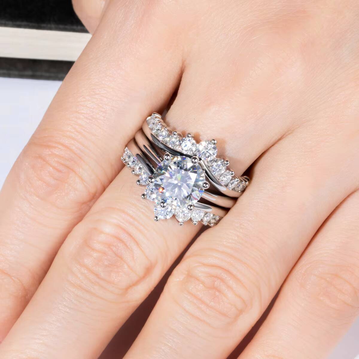 PYQ Luxury 3 Moissanite Ring Set 925 Sterling Silver Subtle High-End Wedding Exclusive Design