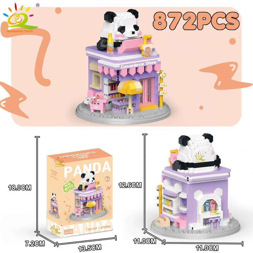 HUIQIBAO Moc Panda View Mini Building Blocks DIY City Street Coffee Shop Model Toys Home Ornaments Decoration Z260306