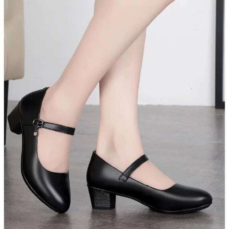 New A/W Women's Medium Heel Pumps - Soft Leather Non-Slip with Adjustable Buckle, Comfortable for Daily & Casual