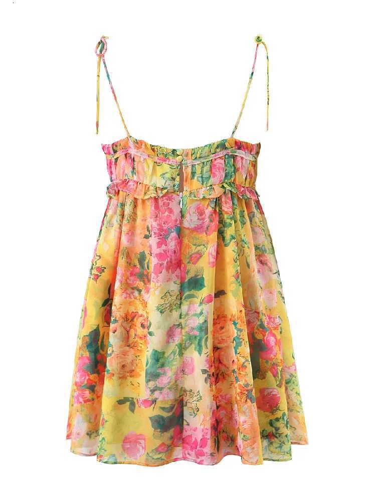 BOHO Bow Ruched Bra Corset Style Flower Print Spaghetti Strap Mini Dress Women Backless Skater Lacing up Sling Robe Holiday X260306