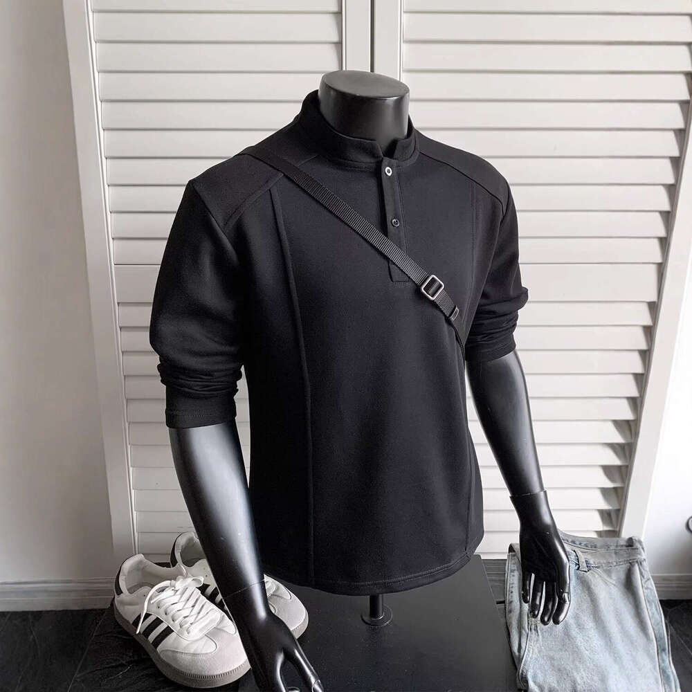 Light Gray Patchwork Deconstructed Henley Neck T-Shirt for Men, Spring and Autumn American Style Trendy Versatile Loose Polo Base Shirt Top