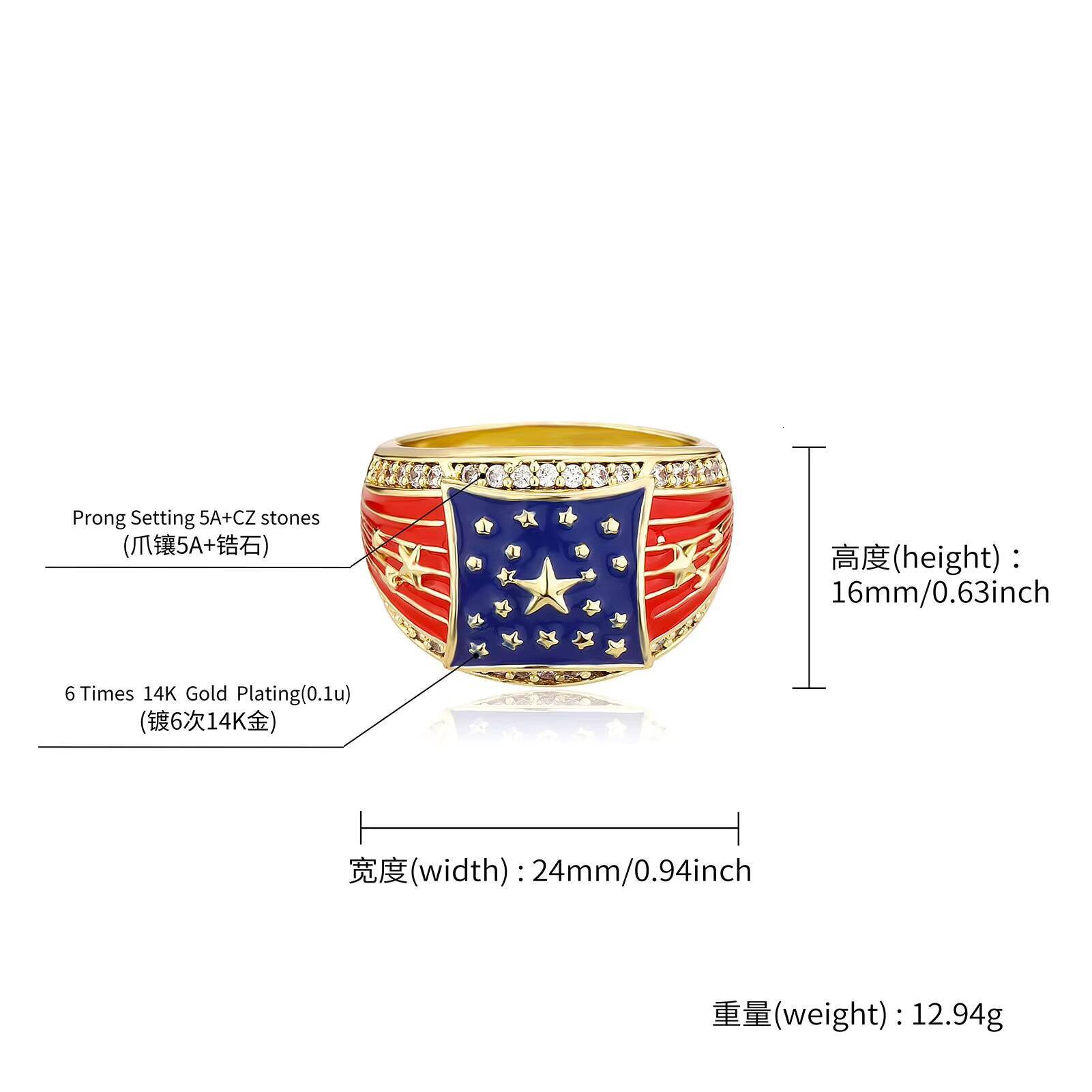 Wholesale Trendy Dripping Oil American Flag Style Rings Iced Out Cubic Zircon Ethnic Jewelry Silver Gold Color USA Flag Men Ring