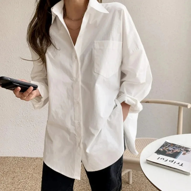 Office Lady Elegant White Casual Loose Blouses Fashion Cotton Long Sleeve Women Shirt Turndown Collar Tops 260306
