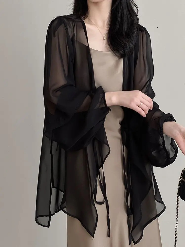 Shirts Women V-neck Loose Long Sleeve Open Stitch Korean Style Lace-up Simple Solid Summer Chiffon Breathable Minimalist Stylish 260306