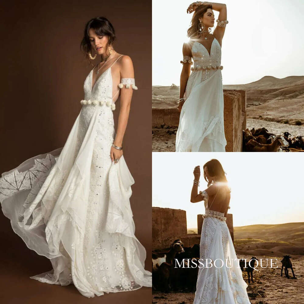 2019 Bohemian Dresses Spaghetti Lace Hand Made Flower Applique Chiffon Backless Bridal Gowns Plus Size Country Mermaid Wedding Dress D0306