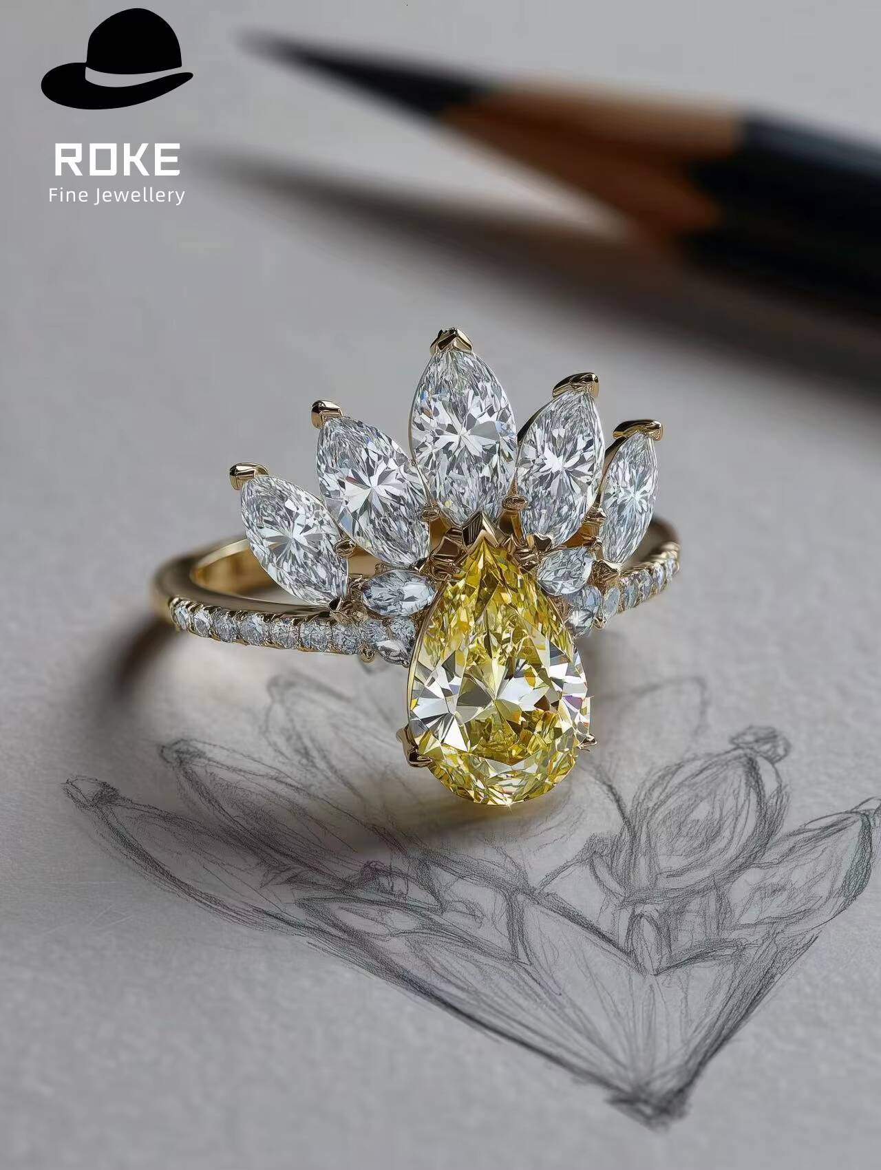 15ct Pear Yellow Lab Diamond Ring 9K/14K Gold - IGI/GIA Certified Cluster Engagement Ring