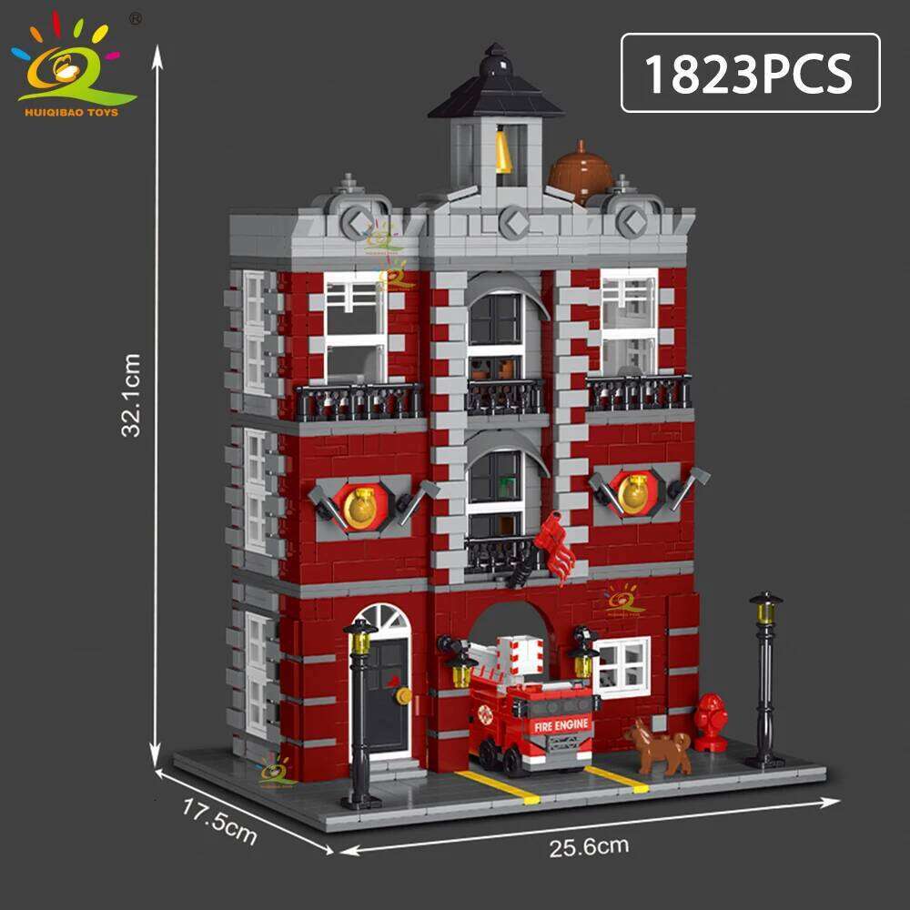 HUIQIBAO 1823pcs MOC Station WIth Fire Truck Model Building Blocks Street View Brick City Educational Toy For Children Gift Z260306