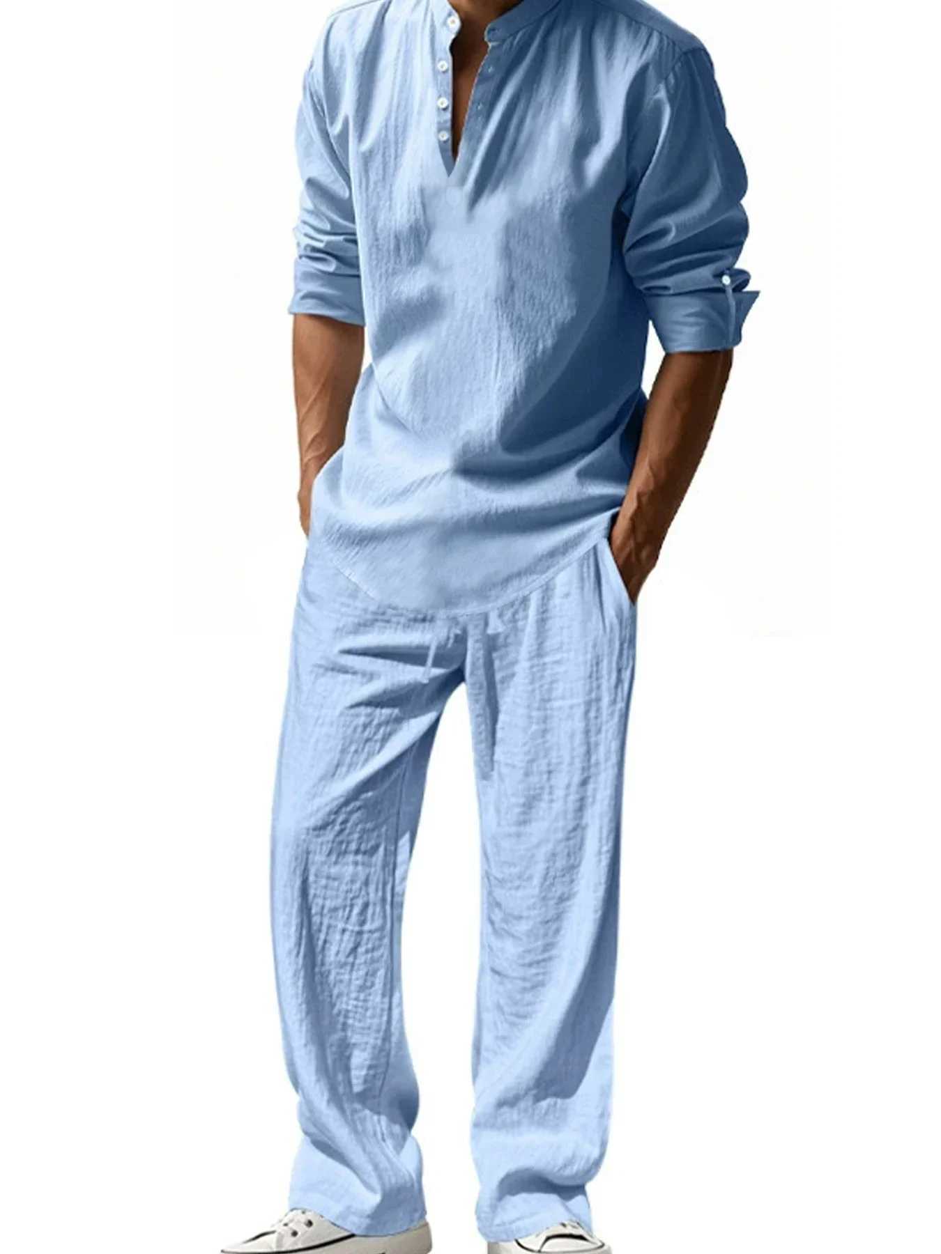 Mens Henley Cotton Linen Shirts Long SLeeve Lightweight T-Shirts Breathable Streetwear Solid Color Business Button T-Shirts M260305