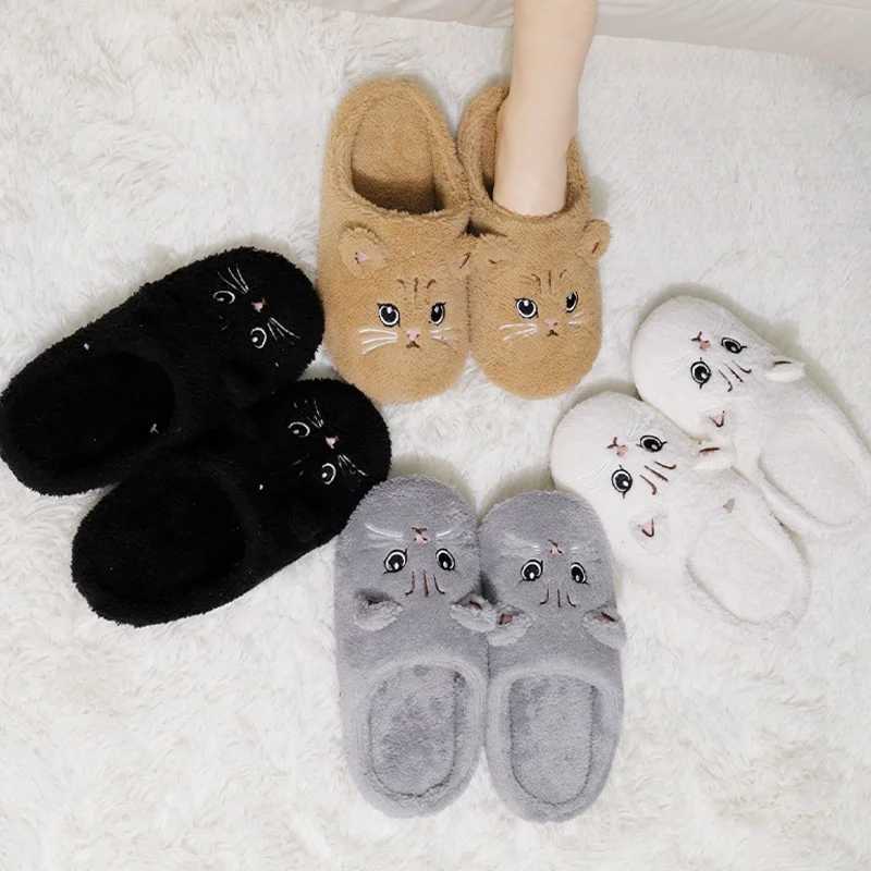 Winter Cute Cat Plush Slippers Women Indoor Comfortable Quiet Soft Sole Floor Slides Couples Winter Warm Fuzzy House Sandals S260305