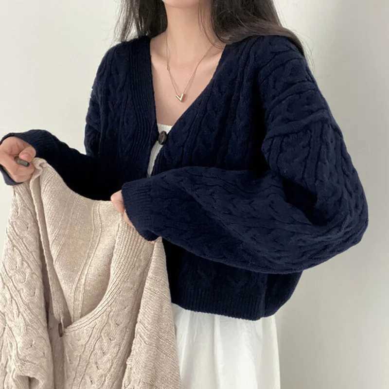 V-neck Twist Design Short Cardigan Sweater Knitted Jacket Fall Autumn and Winter Loose Retro Long Sleeve Casual Womens Clothing M260306