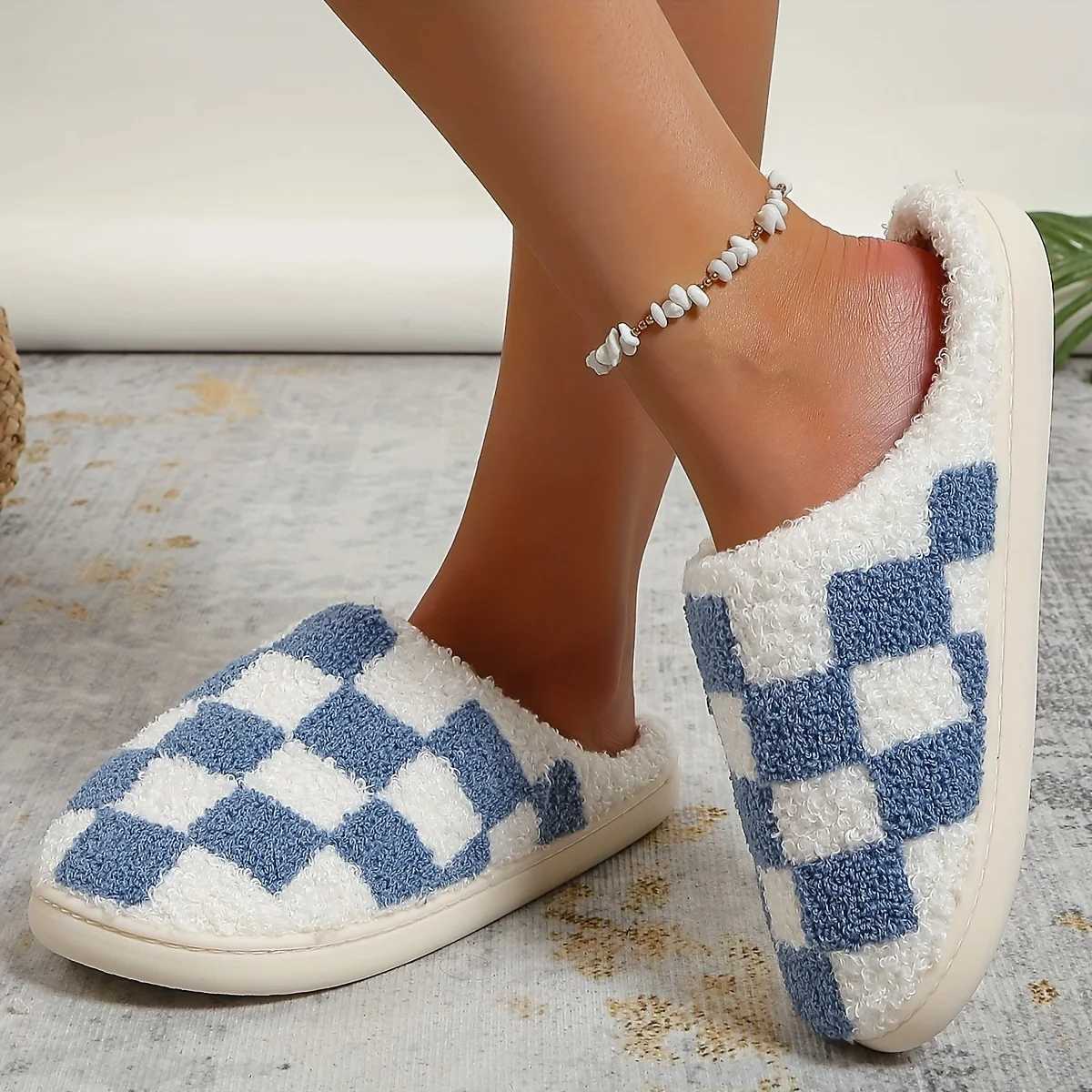 Checkerboard Pattern Slippers Casual Slip On Plush Lined Shoes Comfortable Indoor Home SlippersLadies Cotton Indoor Outdoo S260305
