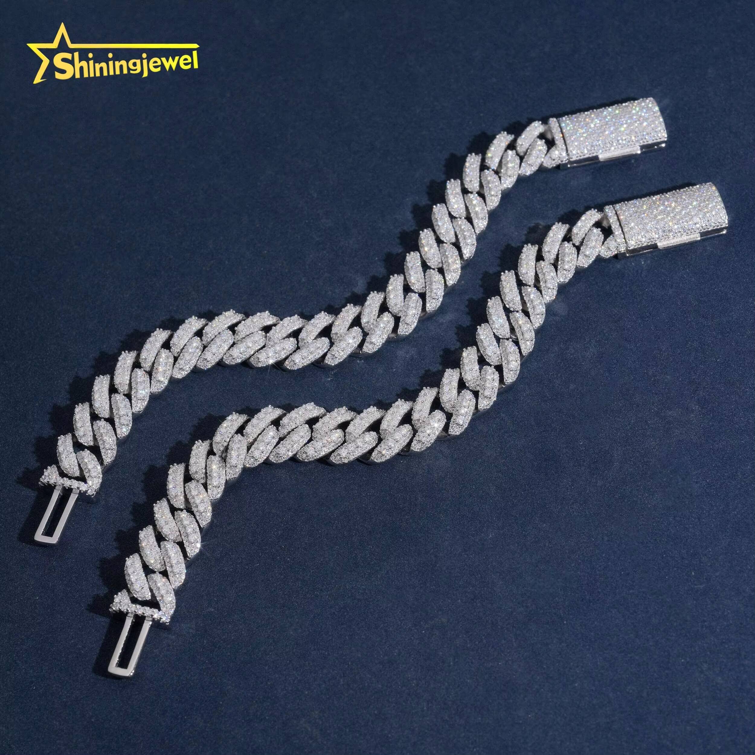 USA Warehouse New Style Men 925 Silver Bracelet Iced Out 13mm Hip Hop Moon Shape Moissanite Cuban Bracelet Fine Jewelry