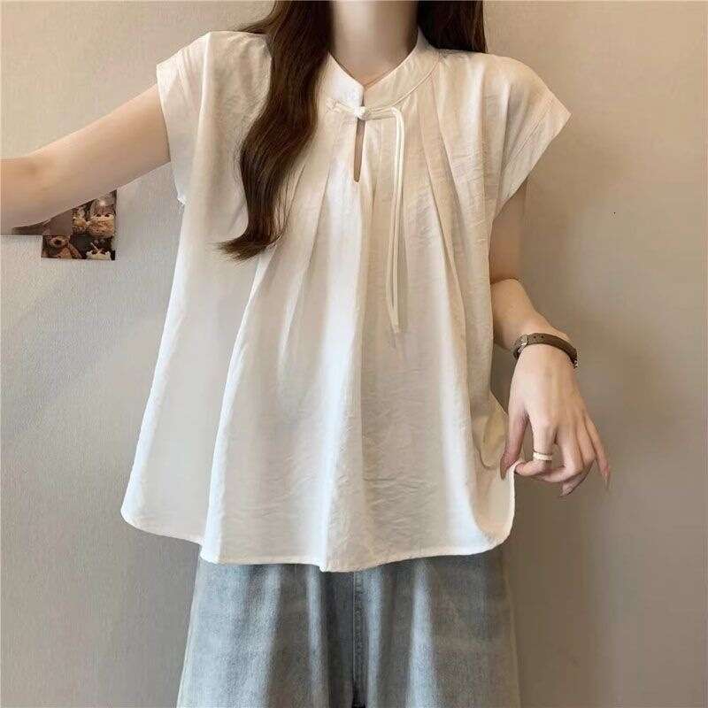 Loose Fit White ort Sve irt New Chinese Sle Women's Summer Top Zen Design Sensation National Trend Loose Upperwear