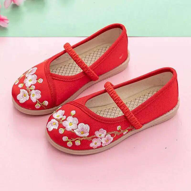New Children's Ethnic Style Embroidered Canvas Rubber Sole Linen Insole Round Toe Slip-On Light Girls Vintage Hanfu Shoes 26H0306