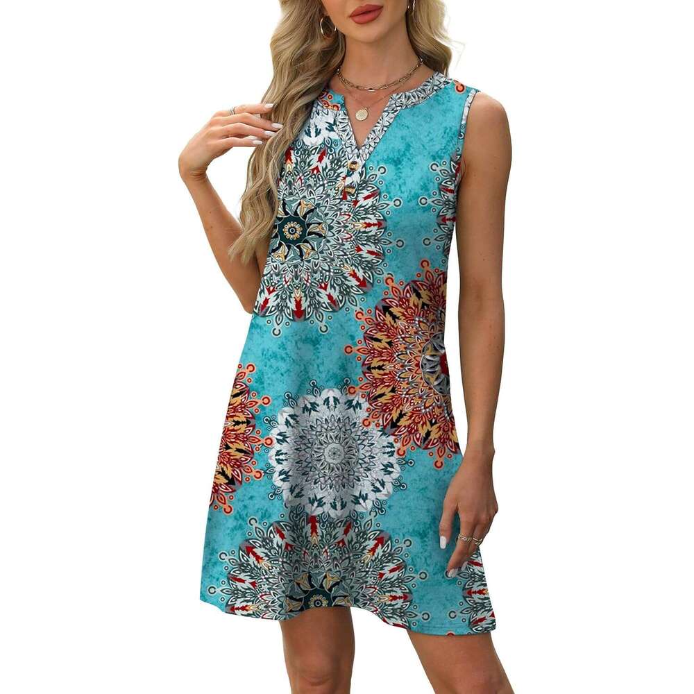 Designer Summer Dresses for Women 2026 Beach Vacation Clothes V Neck Button Sundresses with Pockets