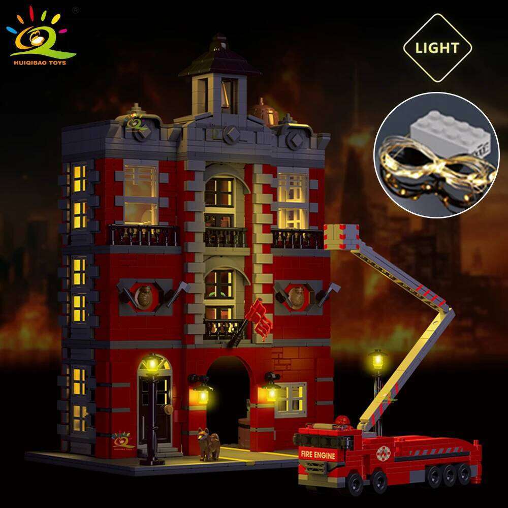 HUIQIBAO 1823pcs MOC Station WIth Fire Truck Model Building Blocks Street View Brick City Educational Toy For Children Gift Z260306