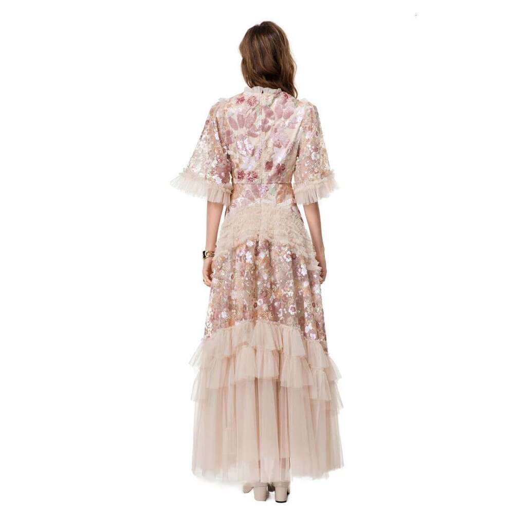 Women's Dress O Neck Short Sleeves Sequined Floral Patchwork Ruffles Elegant Designer Party Prom Gown Maxi Vestidos