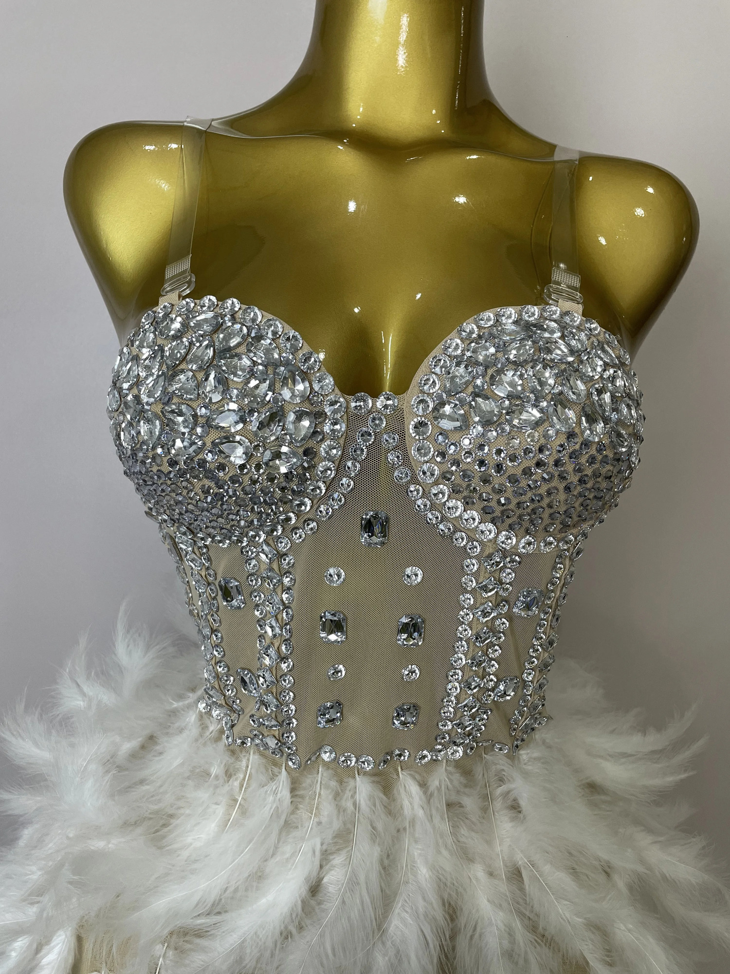 Stock Women Sexy Sparkly Rhinestone Mesh Feather Long Dress Elegant Evening Party Celebrate Birthday Performance Costume 260302