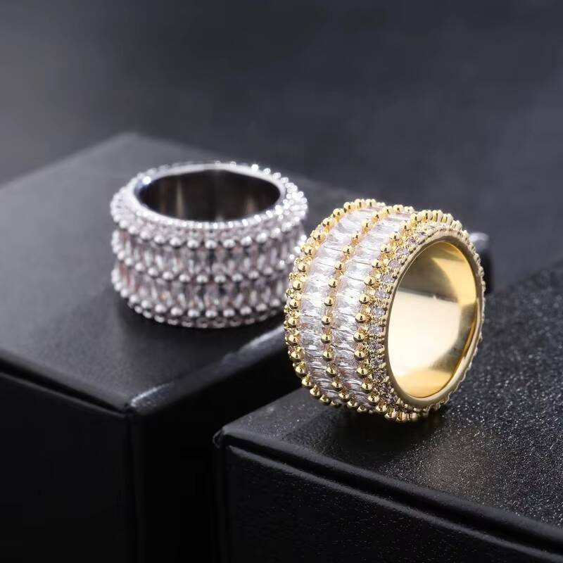 Wholesale Double Row Square Cubic Zircon Lab Diamond Rhodium Plated Round CZ Rings Luxury Hip Hop Jewelry for Men Women