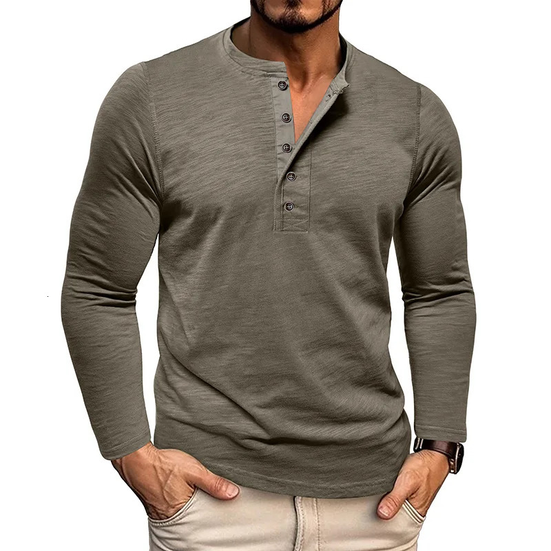 Autumn Long Sleeve TShirt Mens Casual Solid Color Top Henley Neck Slim Versatile Work Tshirt Breathable Outdoor Thin Tee 260302