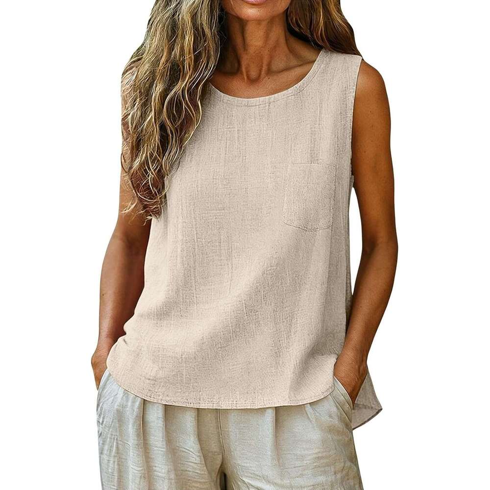 Designer Womens Cotton Linen Tank Tops 2026 Loose Causal Sleeveless Summer Shirts Crew Neck Gauze Camisole with Front Pocket
