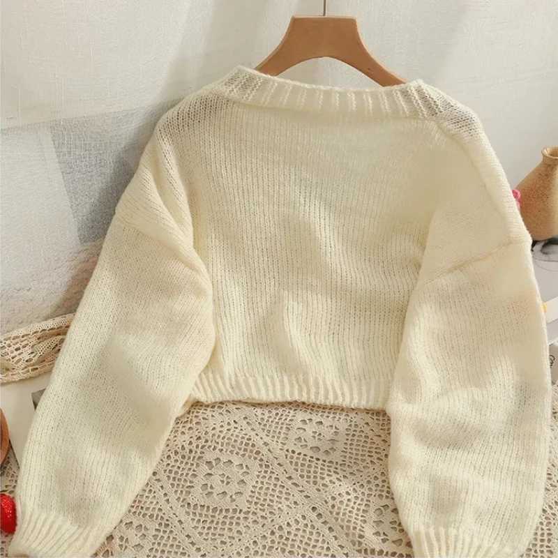 2026 New Spring Autumn Colourful Applique Flower Cardigan for Women Cute Long V-neck Knit Crop Sweater Girl Soft Knitwear M260306