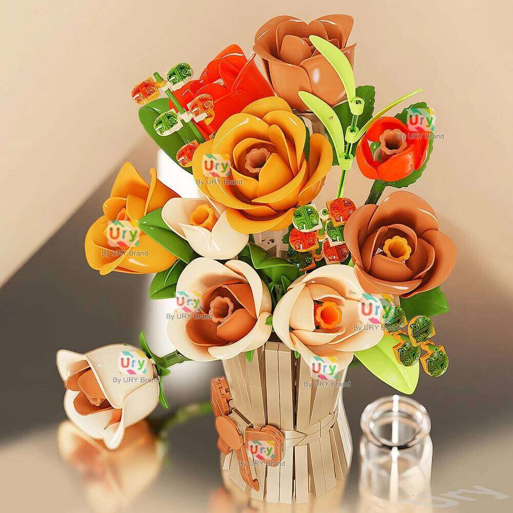 Flower Bouquet 3D Romantic Yellow Rose with Vase Set Assembly Building Block Model Home Decoration Valentine's Day Gift for Girl Z260305