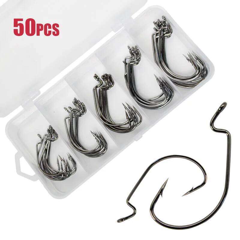 50pcs Wide Worm Carbon Steel Offset Fishhook Bass Barbed Carp Hook Accessories Gear Fishing Tackle S260305