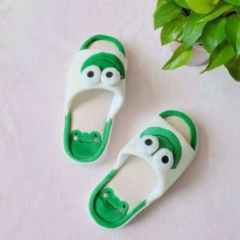 Women Men Cartoon Frog Linen Spring Summer Anti Slip Home Slippers Thick Bottom