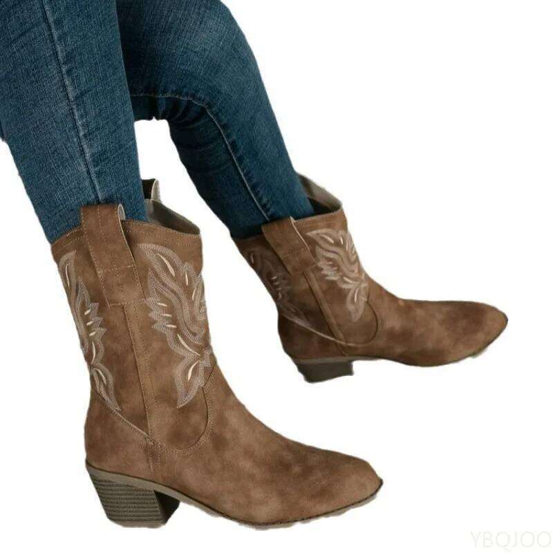 Elegant comfortable shoes autumn winter embroidered thick heel women's retro minimalist midsole pointed boots