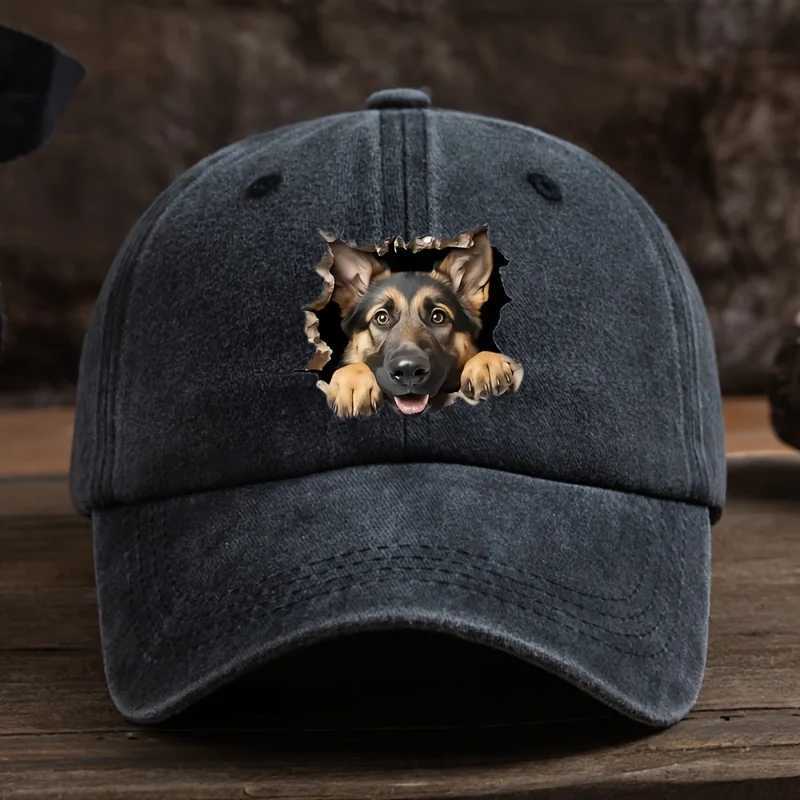 Broken hole wolf dog print baseball cap mens outdoor duckbill cap curved brim washed retro sun hat S260306
