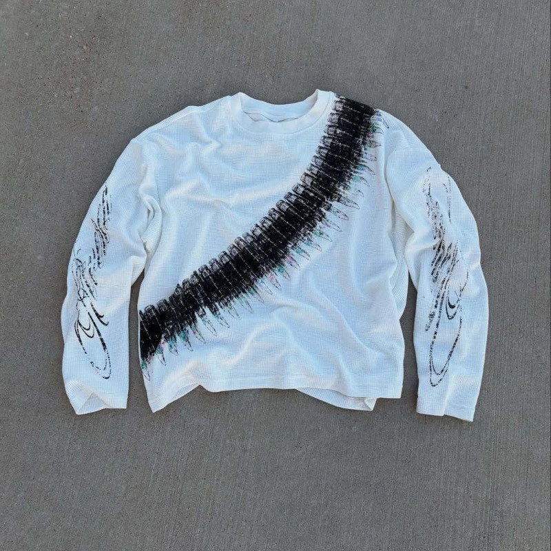 y2k Bullet Letter Printed American Retro Long Sleeve T-shirt Street Style Casual Loose Mens and Womens Top 260303