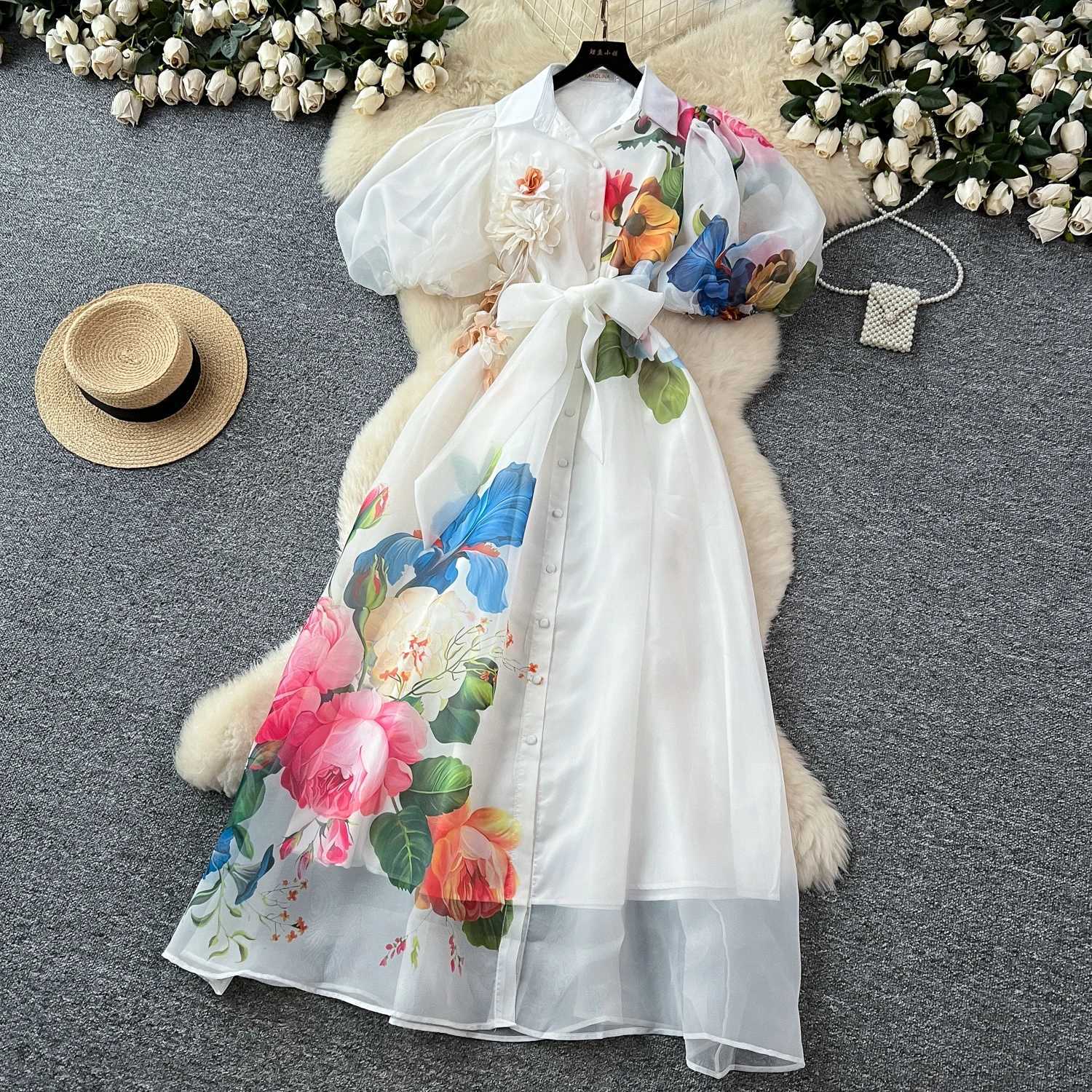 French Vintange Elegant Evening Dress New Women 3D Flower Lapel Puffed Sleeve Long Print Dress High End Festival Clothing X260306