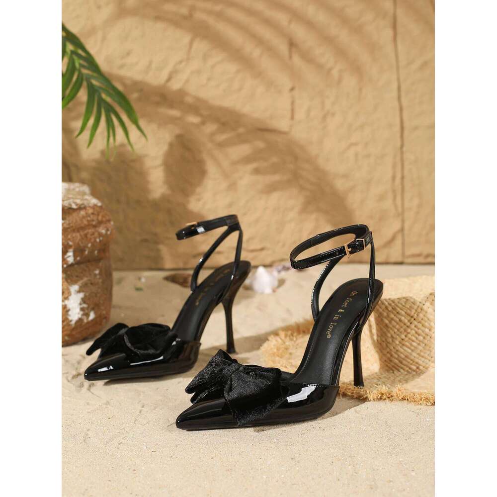 Women's Fashion Patent Leather Pointed-Toe Bow Decor Heels