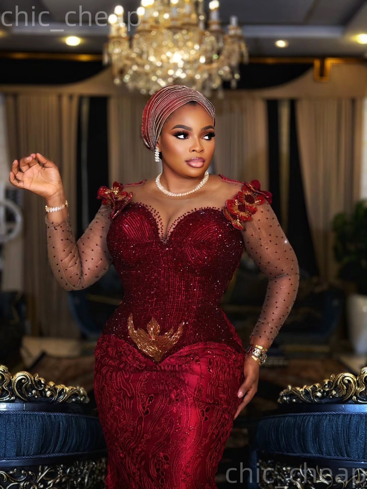 Aso Ebi Dark Red Prom Dress 2026 Mermaid Prom Dress Beaded Flowers Sheer Neck Evening Dresses For Black Women Birthday Party Formal Receiption Gowns D