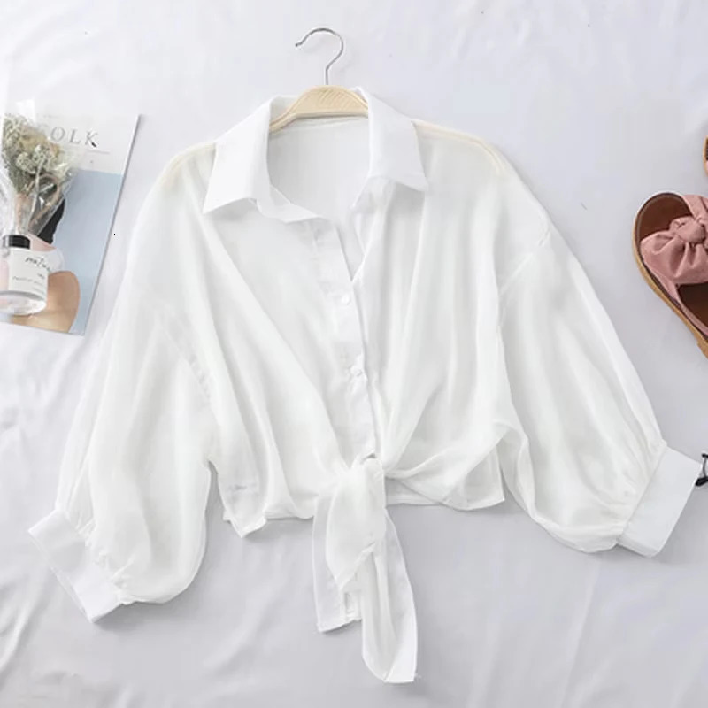 Women Summer Bat Half Sleeve Chiffon Shirt Casual Loose Button Hollow White Clothes Elegant Solid Color Tied Waist Blouse 9776 260306