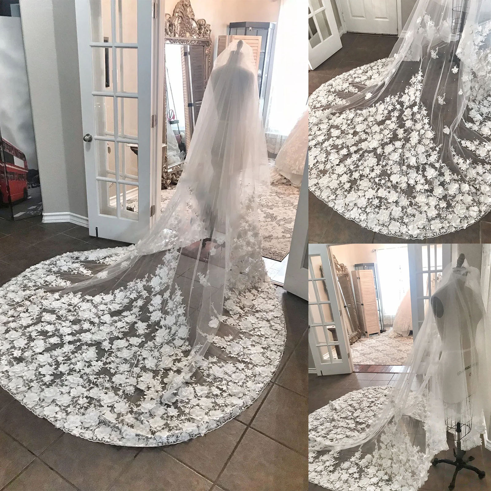 Bloom 3D Flowers Wedding Veil Cathedral 2 Tiers Cover Face White Ivory Floral Lace Edge Bridal Veils Tulle Blusher With Comb Bride Accessories Custom 