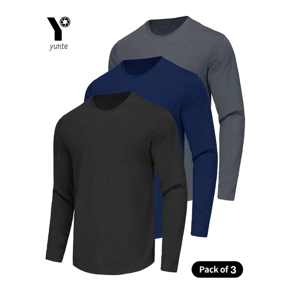 Sports Long-Sleeved 3-Color 3-Piece Men's Round-Neck Shirt Quick-Drying Top Fitness Casual Outdoor Sportswear Body-Sh 26H0306