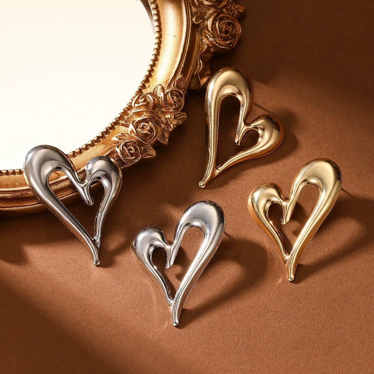 Chic Metallic Couple's Earring Set Featuring 'Love' Engraving