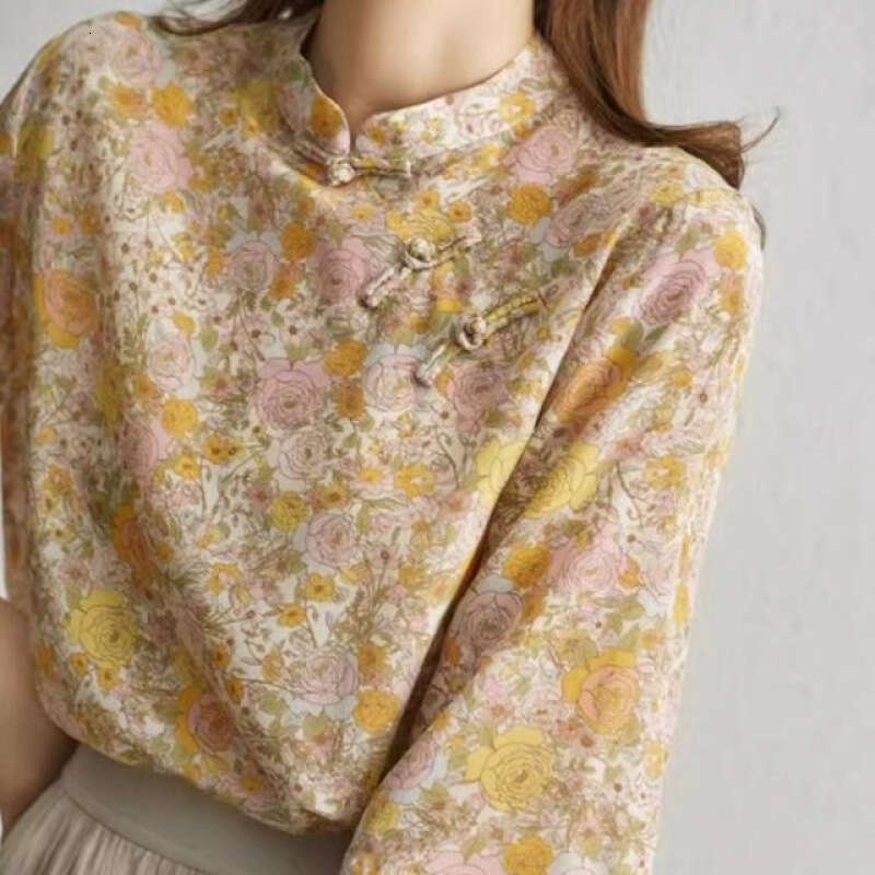 Hot Chinese Style Chi-pao Collar Design Button Tops 2024 Summer Women Date Girls Yellow Floral Print Retro Shirt Blouse Vintage