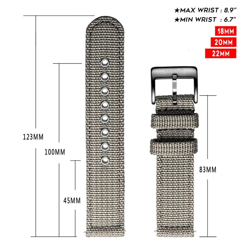 Hemsut Canvas Watch Bands Grey Quick Release Quality Nylon Watch Straps and Heavy Duty Brushed Buckle 18mm 20mm 22mm 24mm 260304