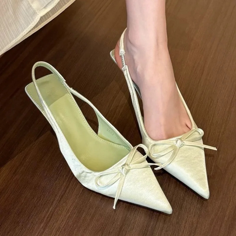 Satin Pointed Toe High Heeled Sandals Women Summer Sexy Thin Heels Slingback Shoes Bow Elegant Party Dress Shoes Women Pumps 260303