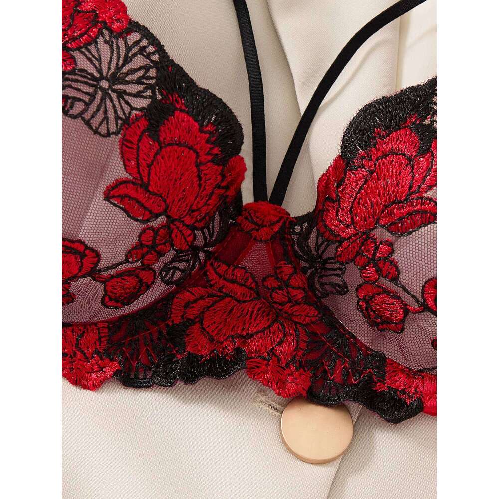 Two-piece bra Women's floral embroidered lingerie - Black and red underwear set ZA825127