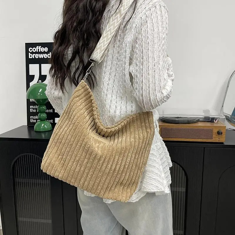 Casual Corduroy Crossbody Bag Large Capacity Womens Tote Simple Fashion Single Shoulder 260227