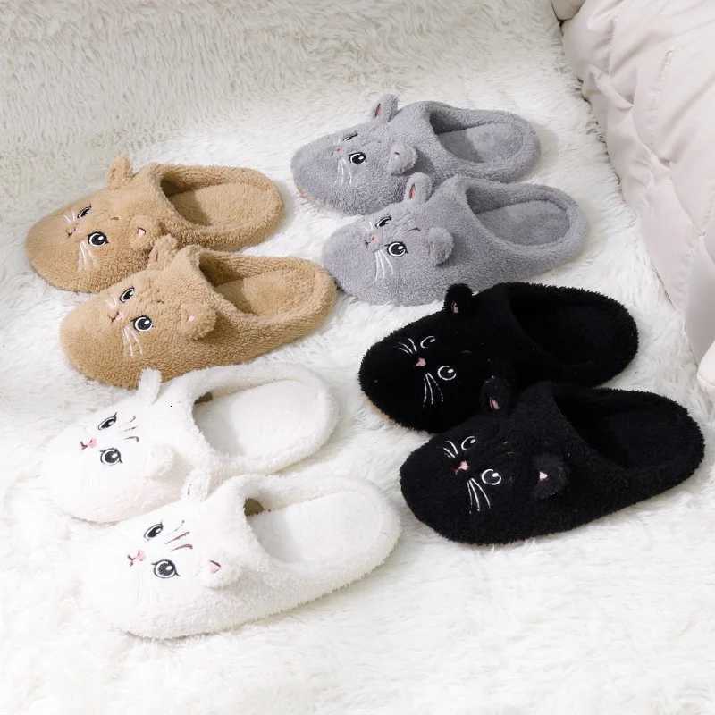 Winter Cute Cat Plush Slippers Women Indoor Comfortable Quiet Soft Sole Floor Slides Couples Winter Warm Fuzzy House Sandals S260305