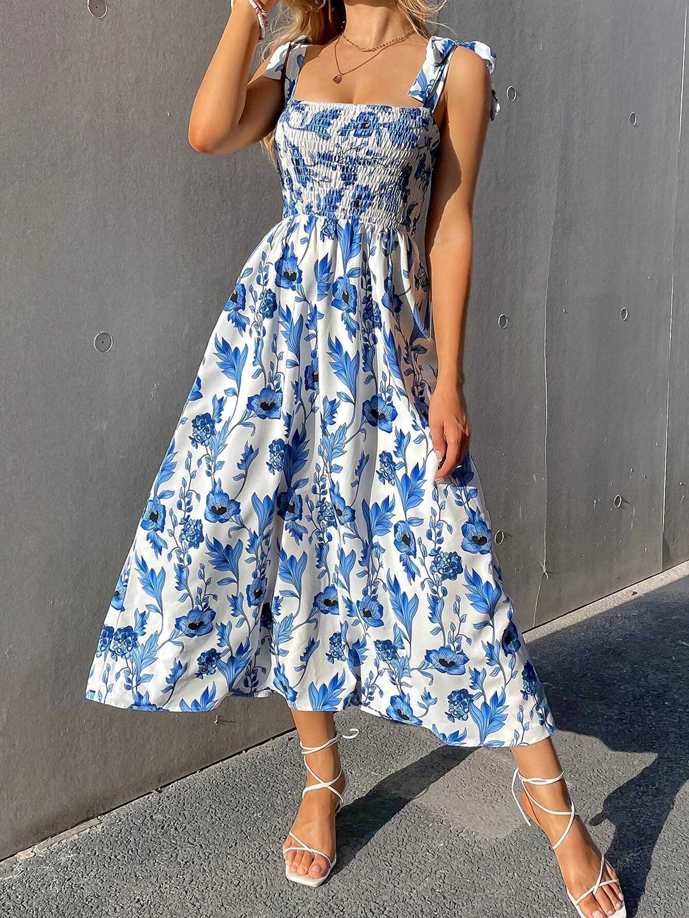 Elegant RomanceFloral Corset Dress with Knotted Straps Smocked Bodice Bodycon Party Guest Dress for Wedding Date Night X260306