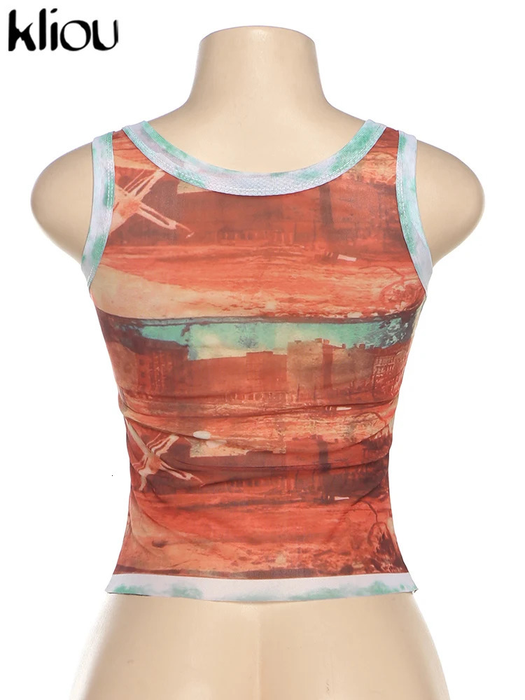 kliou Summer Women Bare Midriff Streetwear Mesh Tanks K24L47278 Girl Vintage Print Fit Vest Miss All-match Crop Tops Tees Attire 260306